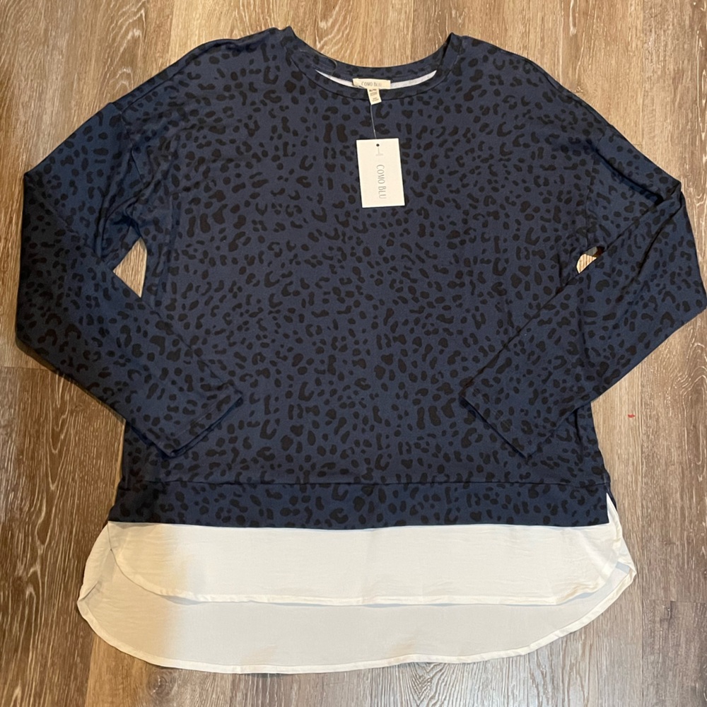 Como Blu Navy Leopard Print Sweater with White Hem NWT